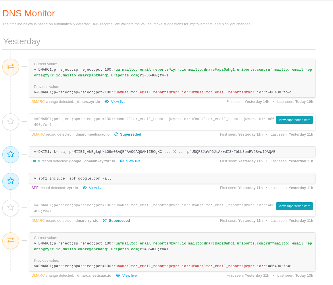 URIPorts DNS Monitor - zeigt die Änderung eines DNS Eintrages für DMARC mit vorherigem Wert und aktuellen Wert